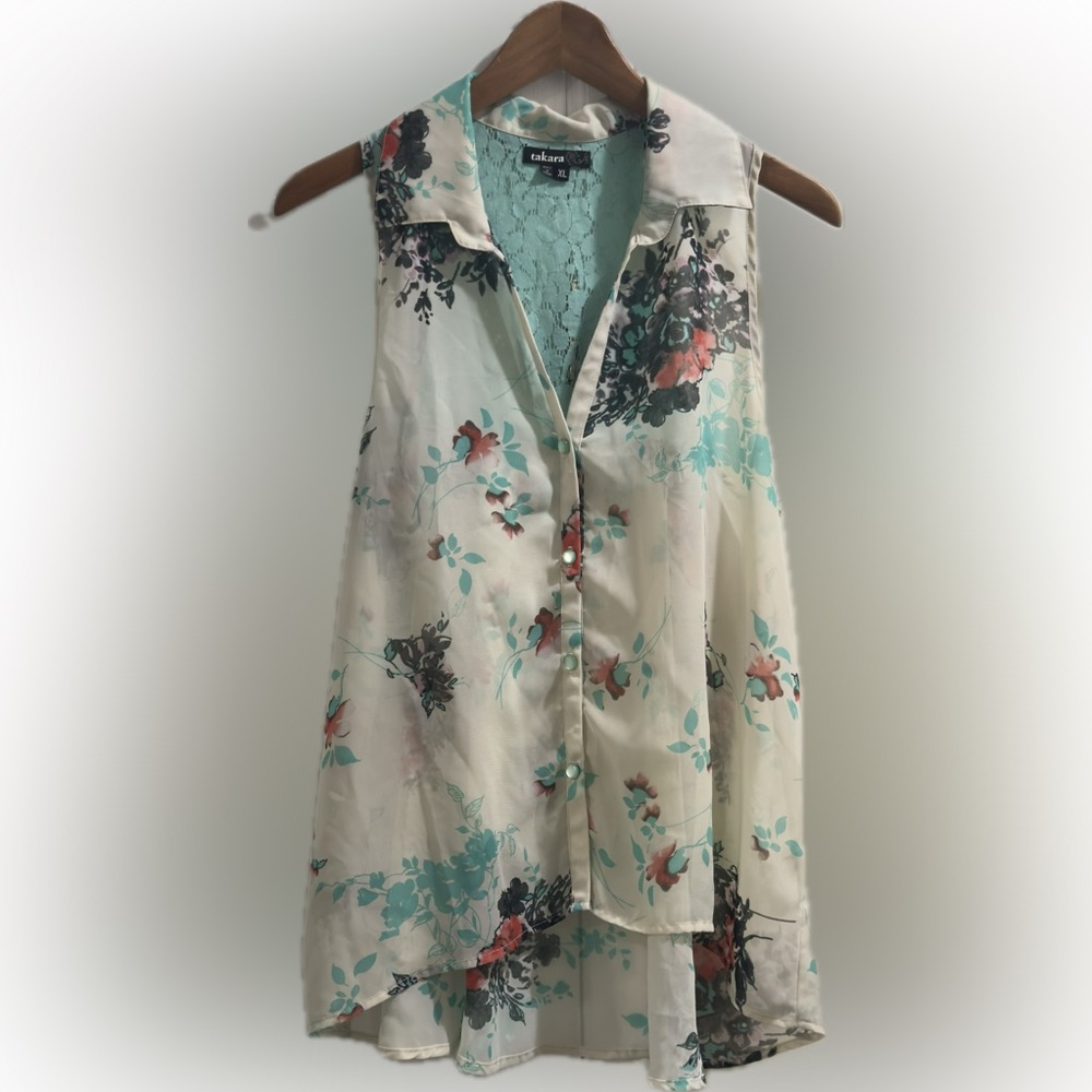 Takara Sleeveless Sheer Floral Shirt Size X-Large